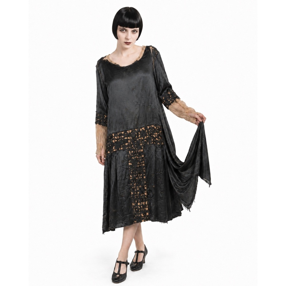 Antique 1920s 20s Flapper Dress Silk Satin Soutache Lace Art Deco B39 M/L DAMAGE
